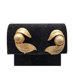 Pastelli Vintage Clip On Earrings Gold Plated Curled Leaf Center Bead Designer